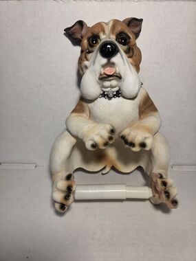 Vintage English Bulldog Spiked Collar Playful Toilet Paper Holder Resin